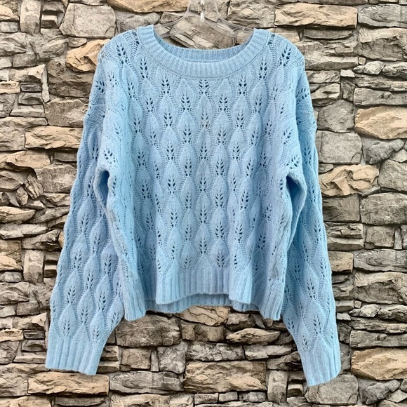 #02 NWT SO Pointelle Sky Blue Pullover Crewneck Braided Knit Crop Sweater Large - Picture 2 of 4
